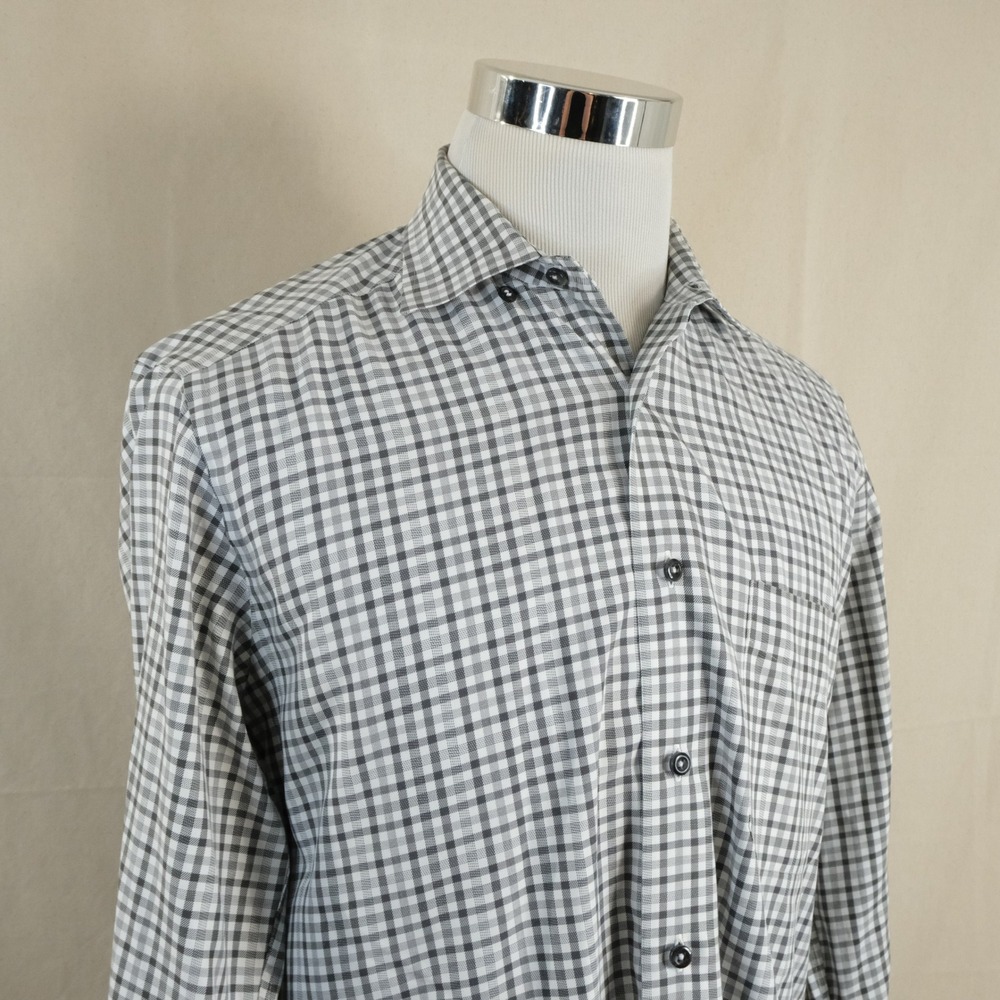 David Donahue Medium Casual Button Down Shirt Grey Check 100% Cotton Mens